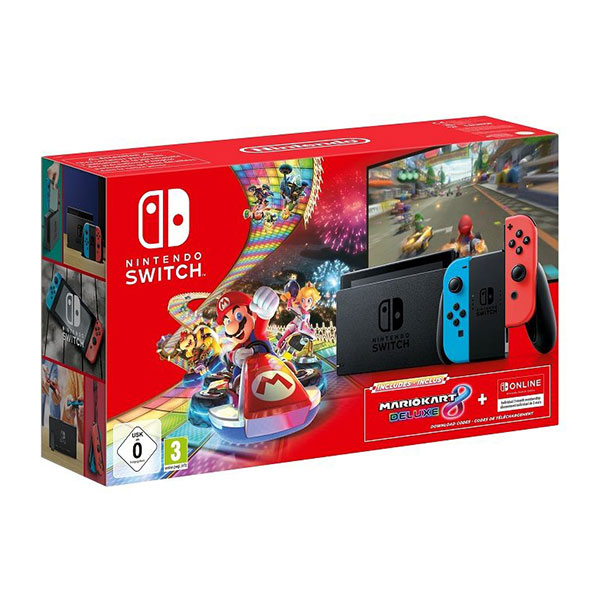Nintendo Switch OLED Console - Red & Blue Joy-Con Mario Kart B Deluxe & 3M NSO Bundle