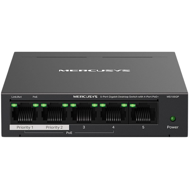 Mercusys MS105GP Switch — prednji prikaz