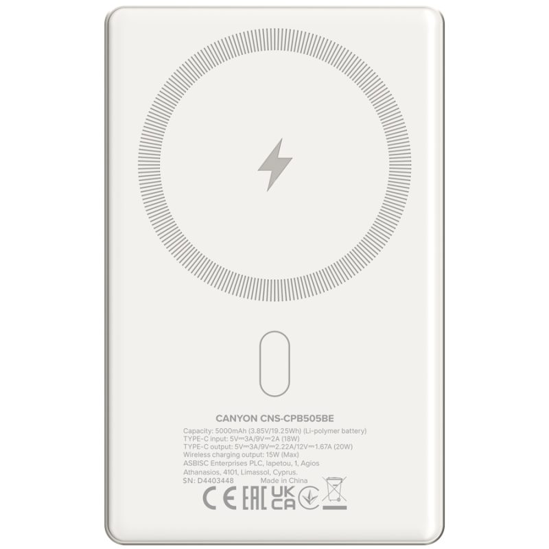 CANYON OnPower 505 Magnetni Power Bank — elegantan prednji prikaz