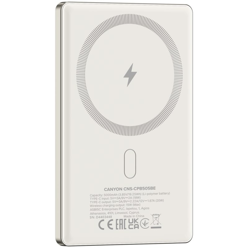 CANYON OnPower 505 Magnetni Power Bank — elegantan prednji prikaz